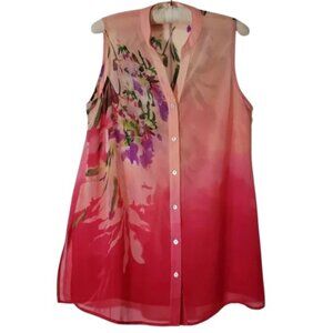 Susan Graver Sheer Pink Floral Blouse Tunic Swim Coverup 10 Excellent Condition